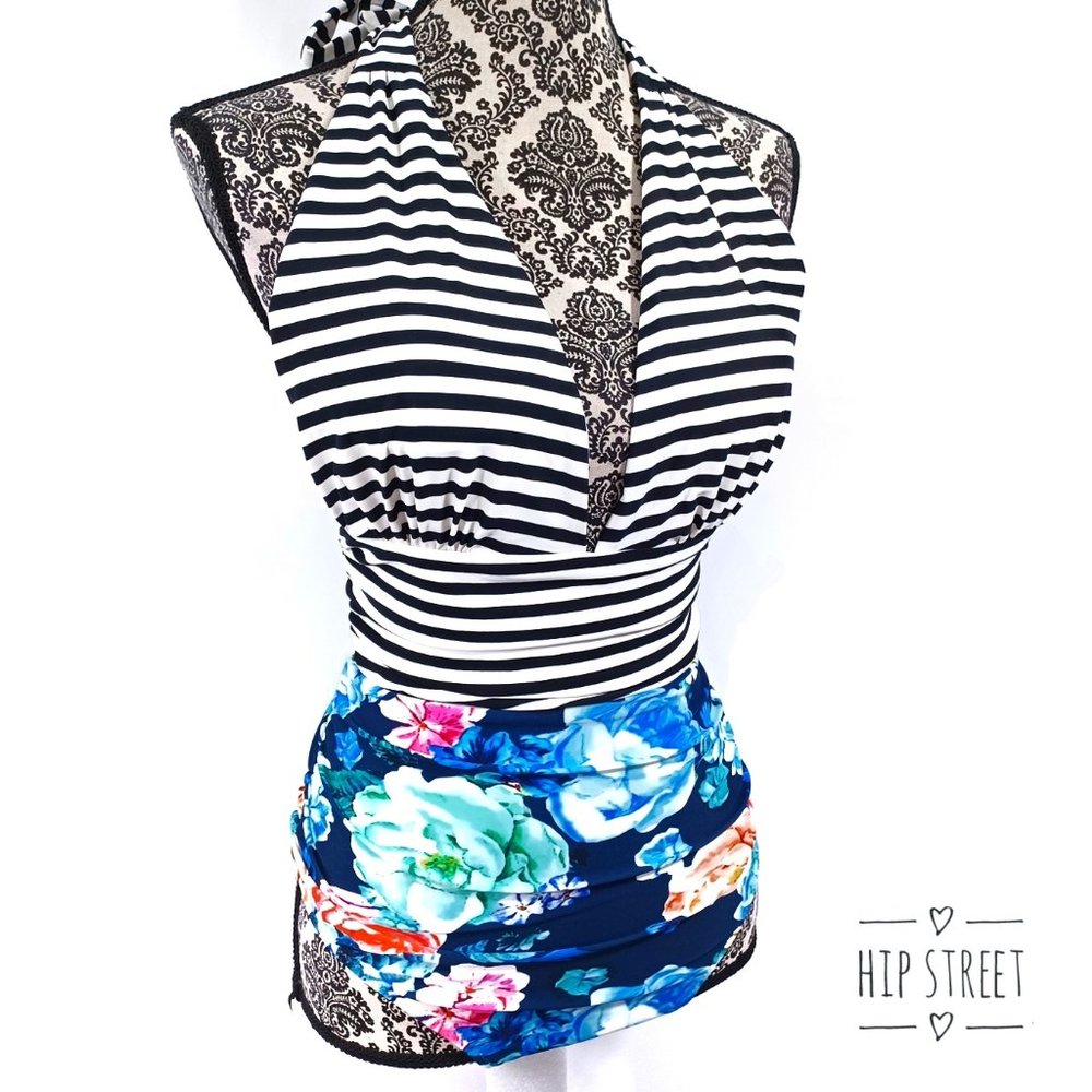CUPSHE Swimsuit Halter Stripe & Floral Ruche One Piece L